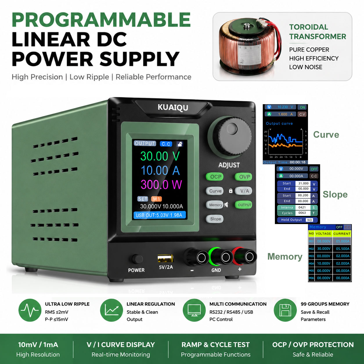 Programmable Linear Dc Power Supply 30V 10A - แหล่งจ่ายไฟกระแสตรงแบบเสถียรเสียงรบกวนต่ำ 30V 10A แหล่งจ่ายไฟแบบตั้งโต๊ะที่ตั้งโปรแกรมได้ พร้อมหม้อแปลงทอรอยด์สำหรับทดสอบวงจรอนาล็อกเสียง